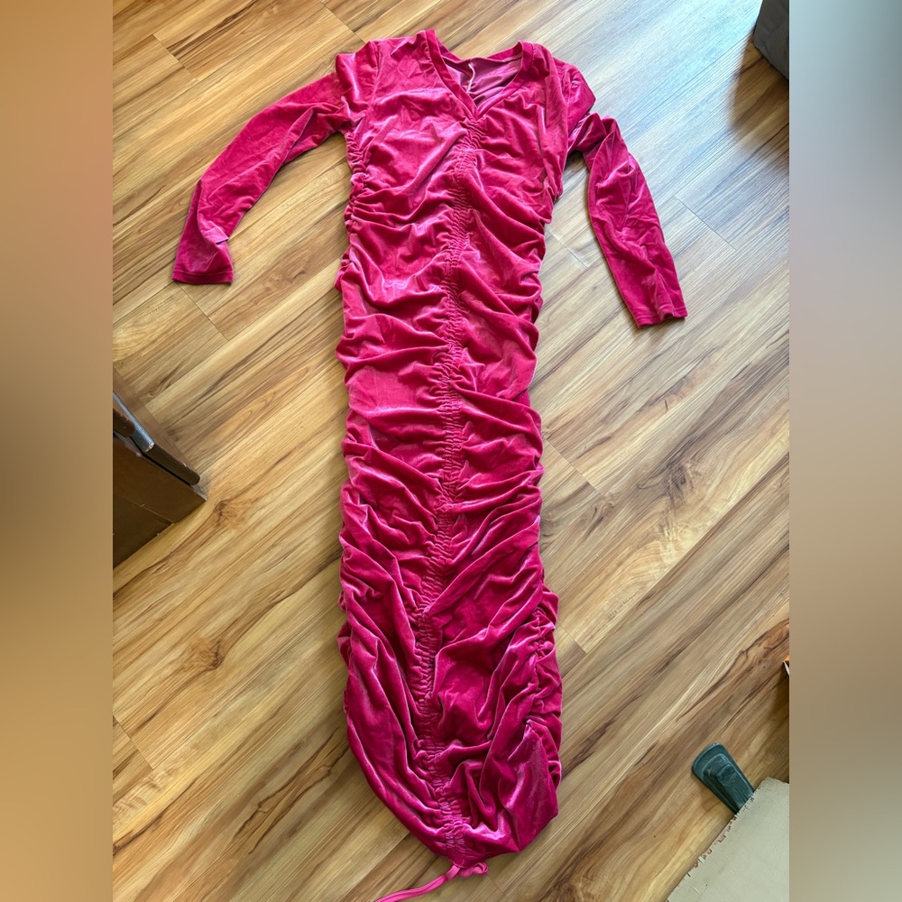 Ruched Long Sleeve Pink Maxi Dress